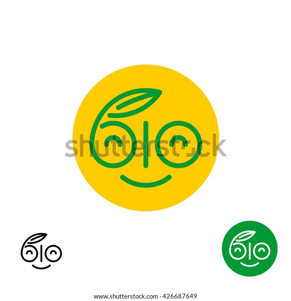 Bio文字の記号 楽しい笑顔の幸せな顔のロゴ 健康な有機食品の線形標識 のベクター画像素材 ロイヤリティフリー