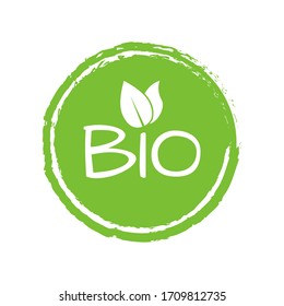 Bio logo or label with green leaves. Vector illustration.