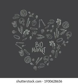Bio market sign with green outline vegetables. Handwritten lettering fresh font for window sticker shop. Vector stock illustration isolated on chalkboard background.