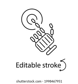 Bio mechanical arm push button outline icon. Exoskeleton and high tech technology. Cyberpunk concept. Customizable linear contour symbol. Editable stroke. Isolated vector stock illustration