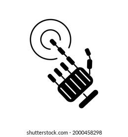 Bio mechanical arm push button glyph icon. Palm prosthesis. Exoskeleton and high tech technology. Cyberpunk concept. Black symbol. Isolated vector stock illustration