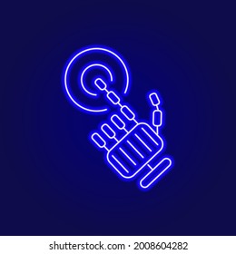 Bio mechanical arm push button outline icon. Exoskeleton and high tech technology. Cyberpunk concept. Blue neon symbol. Isolated vector stock illustration