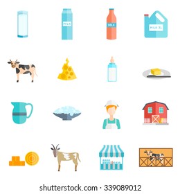 Bio milk farm ecological dairy products online flat icons set with cottage cheese abstract isolated vector illustration