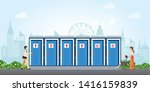 Bio mobile toilets in city with mens and womens disabled restroom signage set Vector illustration.