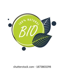 Bio natural product label, green badge with leaf. Warranty eco food, sticker bio and eco veggie, health packaging badge, vector illustration
