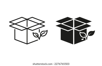 Bio Organic Box für Lieferlinie und Silhouette Icon Set. Ökologie Natürliches Recyclingpaket mit Leaf Piktogramm. Eco Recycling Pappe Pack Symbol Collection. Einzelne Vektorgrafik.