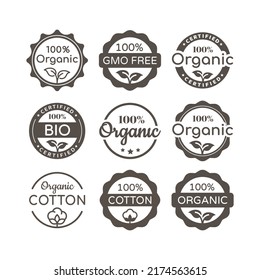 Conjunto de etiquetas vectoriales de algodón orgánico biológico. Etiquetas de la marca de sellado.