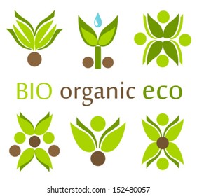 Bio, organic and eco symbols - leaf shapes. Natural food emblems. Vector illustration