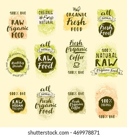 Bio Organic Fresh Coffee, Natural Food, Raw Vegan Delights. Vector handdrawn restaurant, cafe, bakery menu labels, badges, stickers, logos, banners, posters with awesome zen inspired doodle background