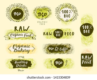 Bio Organic Fresh Natural Coffee, Food, Raw Vegan Delights. Handdrawn restaurant, cafe, bakery menu labels, badges, stickers, logos, banners, posters with awesome zen inspired doodle background