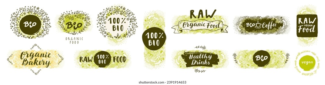 Bio Organic Fresh Natural Coffee, Food, Raw Vegan Delights. Handdrawn restaurant, cafe, bakery menu labels, badges, stickers, logos, banners, posters with awesome zen inspired doodle background