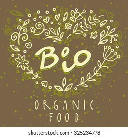 Bio organic healthy food restaurant menu logo label template with floral and vintage elements in vector