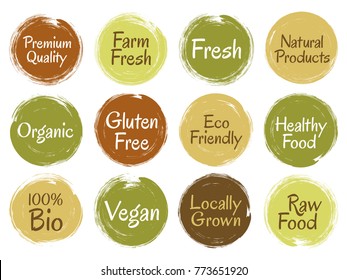 Bio organic labels, round logo stamps vector set for menu or food pack. Gluten free, vegan fresh raw healthy food, premium quality, locally grown eco friendly circle stamps set in green, brown.