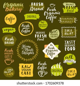 Bio organic labels set. Fresh Bread Bakery. Fresh coffee emblems. Food and drinks for healthy life on quarantine. Fresh organic take away labels collection. Logo templates. Calligraphic badges. Vector