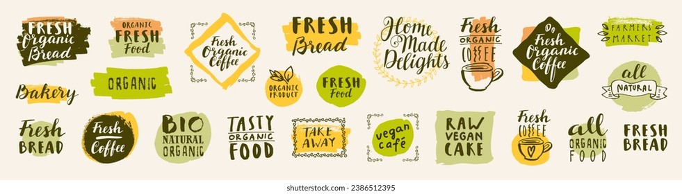 Bio organic labels set. Fresh Bread Bakery. Farmers' Market. Food and drinks for healthy life. Fresh organic food and coffee labels collection. Logo templates. Beautiful calligraphic badges