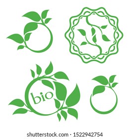 Bio organic logo. Set of abstract green leaf emblem. 