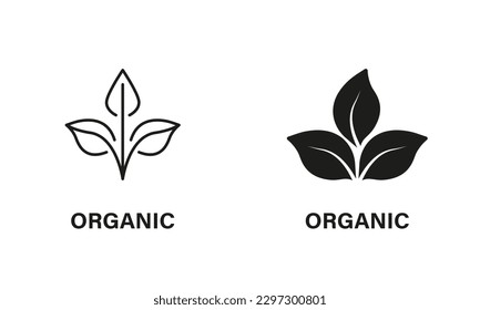 Producto Biológico, Leaf Signs. Etiqueta de Comida Vegan Eco. Conjunto de iconos negros de producto orgánico. Linea de alimentos ecológicos naturales Bio y logotipo de silueta. Ilustración de vectores aislados.