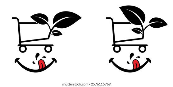 Bio, organic or vegan supermarket pushcart and smile. Shopping cart or trolley, man or woman with kids. Supermarket, self service. Online shop market keeper. Shopkeeper icon. Empty handcart. 