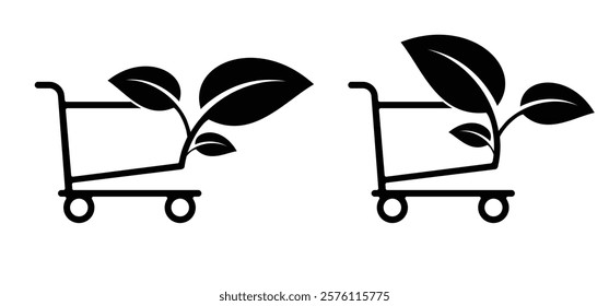 Bio, organic or vegan supermarket pushcart with leaves. Shopping cart or trolley, man or woman with kids. Supermarket, self service. Online shop market keeper. Shopkeeper icon. Empty handcart. 