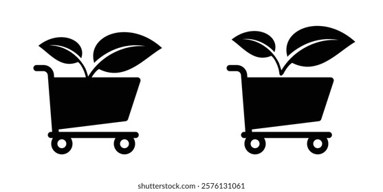 Bio, organic or vegan supermarket pushcart. Shopping cart or trolley, man or woman with kids. Supermarket, self service. Online shop market keeper. Shopkeeper icon. Empty handcart. 