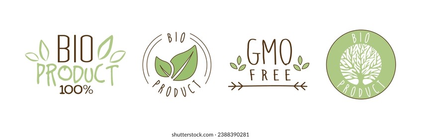 Bio Organic Vegetarian Food Icon and Sticker Vector Set