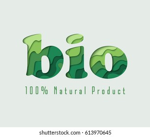Bio paper cut vector concept art illustration. Ecological background with green paper art carving. 100% natural product banner