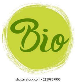 Bio, poster, logo written on watercolor green background illustration. Natural product eco symbol icon, hand drawn lettering.