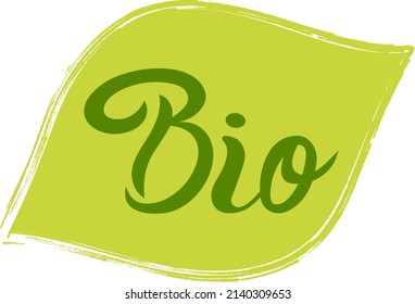Bio, poster, logo written on watercolor green background illustration. Natural product eco symbol icon, hand drawn lettering.