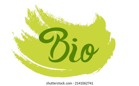 Bio, afiche, logo escrito en la ilustración de fondo verde acuarela. Símbolo ecológico de producto natural, letras dibujadas a mano.