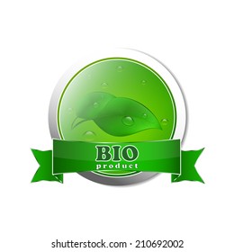 Bio product button with water drops/vector illustration