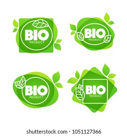 Bio Product, doodle organic leaves emblems, stickers,  frames and logo