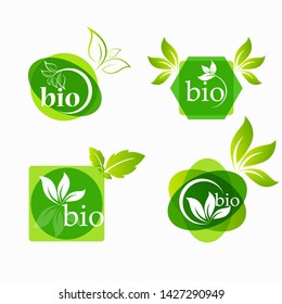 Bio Product, doodle organic leaves emblems, stickers, frames and logo