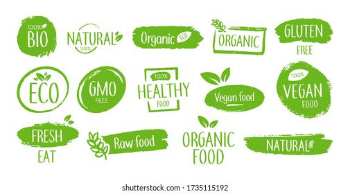 El producto Bio emblema un conjunto de iconos plano. Logotipo ecológico, estampillas naturales de alimentos frescos aisladas de ilustraciones vectoriales. Productos naturales y concepto vegetariano