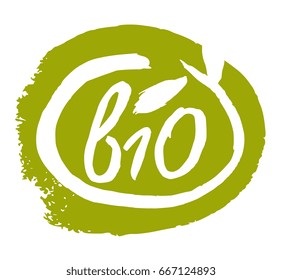 Bio product hand drawn label isolated vector illustration. Healthy and lifestyle vegan symbol. Bio hand sketch badge, icon. Logo for vegetarian restaurant menu, cafe, farm market. Bio food lettering