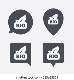 Bio product sign icon. Leaf symbol. Map pointers information buttons. Speech bubbles with icons. Vector