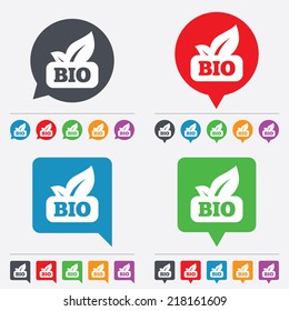 Bio product sign icon. Leaf symbol. Speech bubbles information icons. 24 colored buttons. Vector