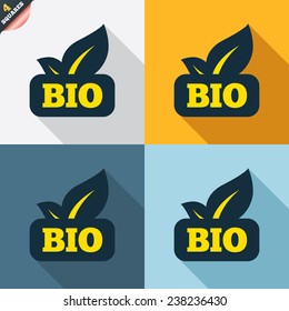 Bio product sign icon. Leaf symbol. Four squares. Colored Flat design buttons. Vector