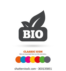 Bio product sign icon. Leaf symbol. Classic flat icon. Colored circles. Vector