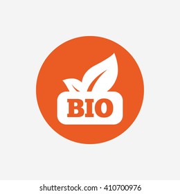 Bio product sign icon. Leaf symbol. Orange circle button with icon. Vector