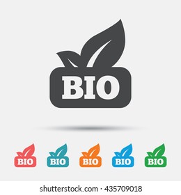 Bio product sign icon. Leaf symbol. Graphic element on white background. Colour clean flat bio icons. Vector