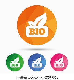 Bio product sign icon. Leaf symbol. Triangular low poly button with flat icon. Vector