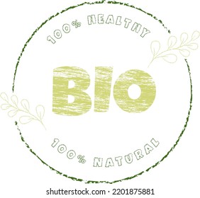 Bio product sticker. Ecology icon. Logo template with green branches for organic and eco-friendly products. Natural product label design. Vector illustration in grunge style.