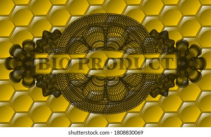 Bio Product text inside Currency honey emblem. beekeeping handsome background. Illustration. 