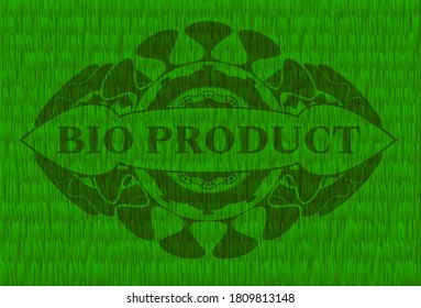 Bio Product text inside grass realistic emblem. Eco fashionable background. Artistic illustration. 