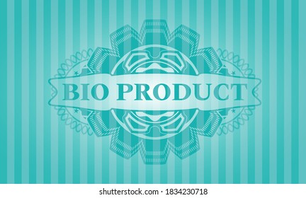 Bio Product text inside Turquoise realistic emblem. Bars fancy background. Intense illustration. 