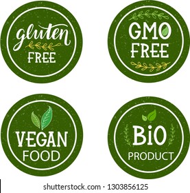 Bio product, vegan food, gluten free,GMO free icons collection for food market, eCommerce, organic products promotion, healthy life style and premium quality food and drink.