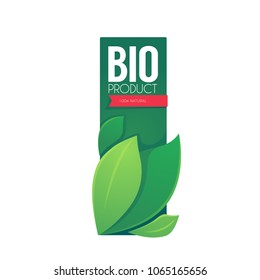 Bio Product Vertical Label Template With Green Leaves and Lettering Composition and Bright Pink Ribbon