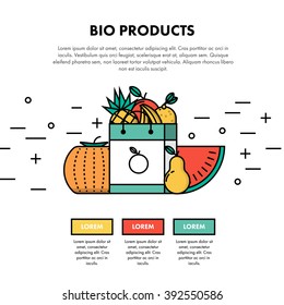 Bio Products One Page Web Design Template Layout. Infographic and web developing graphic resource. Promotion of healthy and fresh food. Vector Illustration  