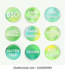 Bio, raw food, farm fresh, vegan, 100% organic, natural, gluten free, green life, eco, label icon set. Vector green eco symbol for vegetarian banner, sticker tag or logo design. Healthy food badge 