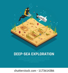 Bio Robot Fish For Deep Sea Exploration Isometric Composition Diver With Automatic Underwater Device Vector Illustration
